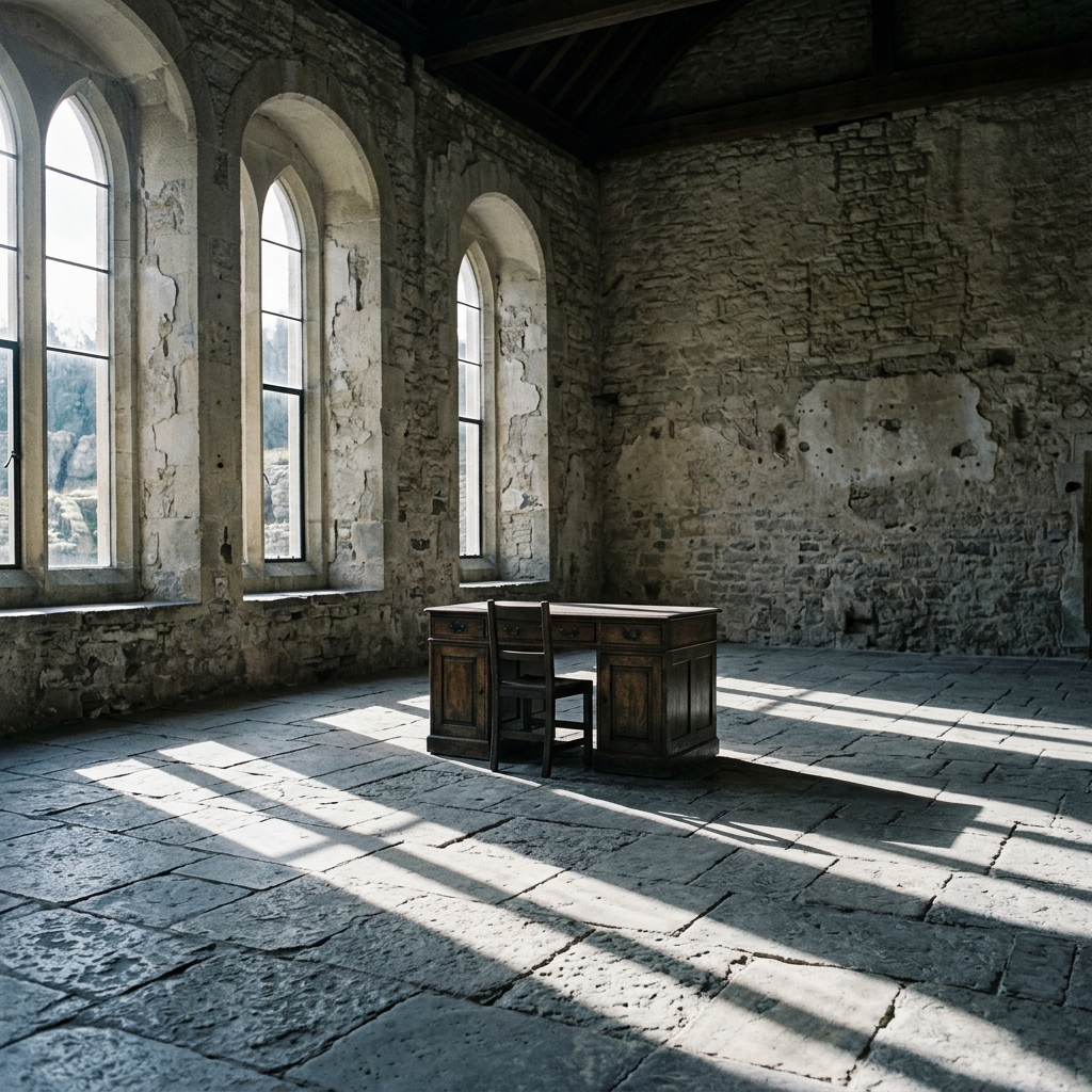 A stone room with a writing desk